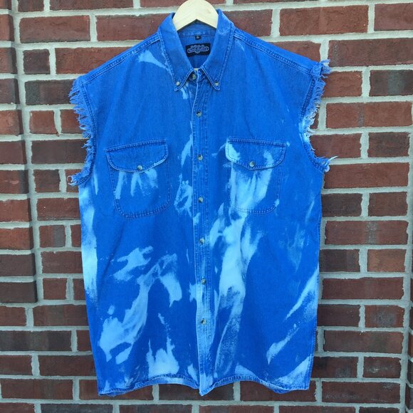 Sports Gallery Sleeveless Denim Shirt Mens XL Button-Down Bleached Grunge Biker - Picture 1 of 8